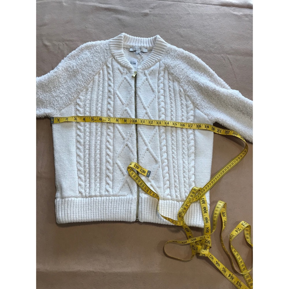Loft Womens Ivory Cable Knit Popcorn Sleeve Zip Front Cardigan Sweater Large NWT - Picture 3 of 8
